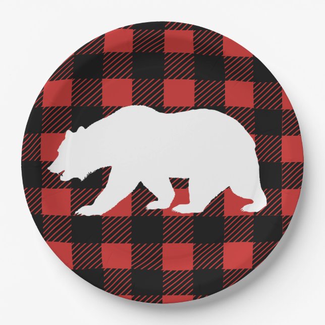 Assiettes En Carton Rustic Buffalo Check Plaid & White Bear Silhouette (Devant)