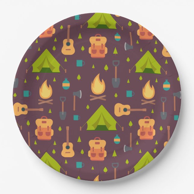 Assiettes En Carton Rustic Camping Tentes Motifs et Guitares (Devant)