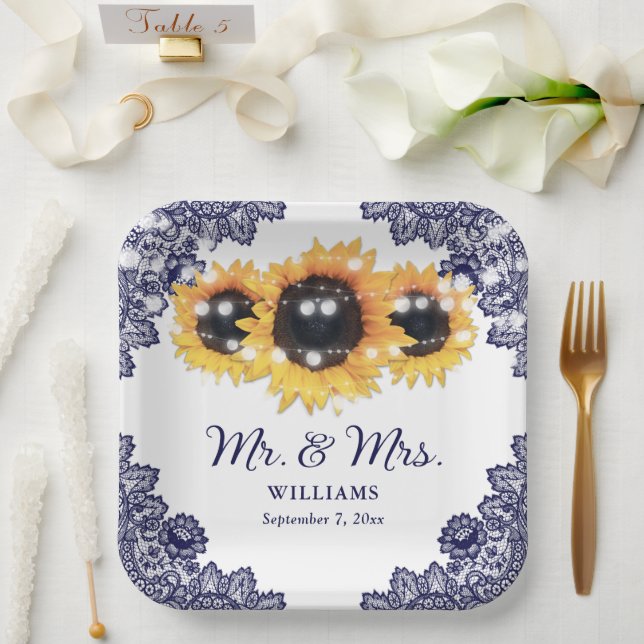 Assiettes En Carton Rustic Chic Navy Mariage de tournesol en dentelle  (Mariage)