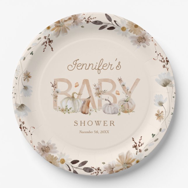 Assiettes En Carton Rustic Fall Citrouille et Floral Baby shower (Devant)