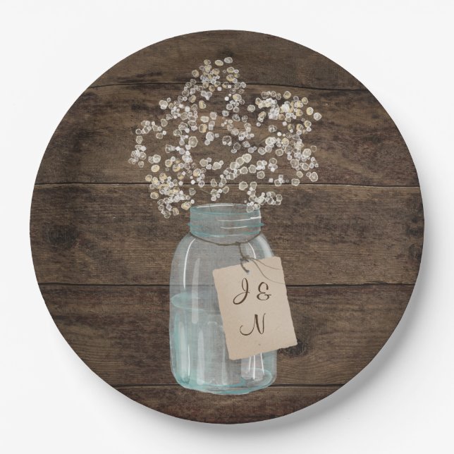 Assiettes En Carton Rustic Grange Mariage Wood Mason Jar Babys Respire (Devant)