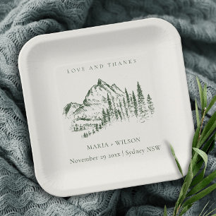 Assiettes En Carton Rustic Green Pine Woods Mountain Sketch Mariage