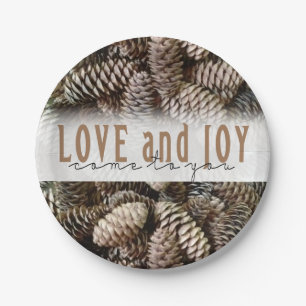 Assiettes En Carton Rustic Holiday Love and Joy Pine Cone
