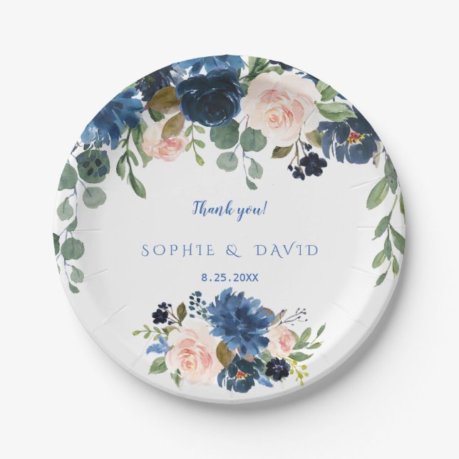 Assiettes En Carton Rustic Navy Blue Blush Flowers Bloom Mariage (Devant)