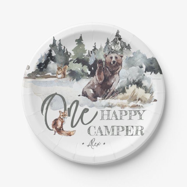 Assiettes En Carton Rustic One Happy Camper fête d'anniversaire (Devant)