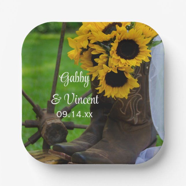 Assiettes En Carton Rustic Sunflowers and Cowboy Boots Western Wedding (Recto)
