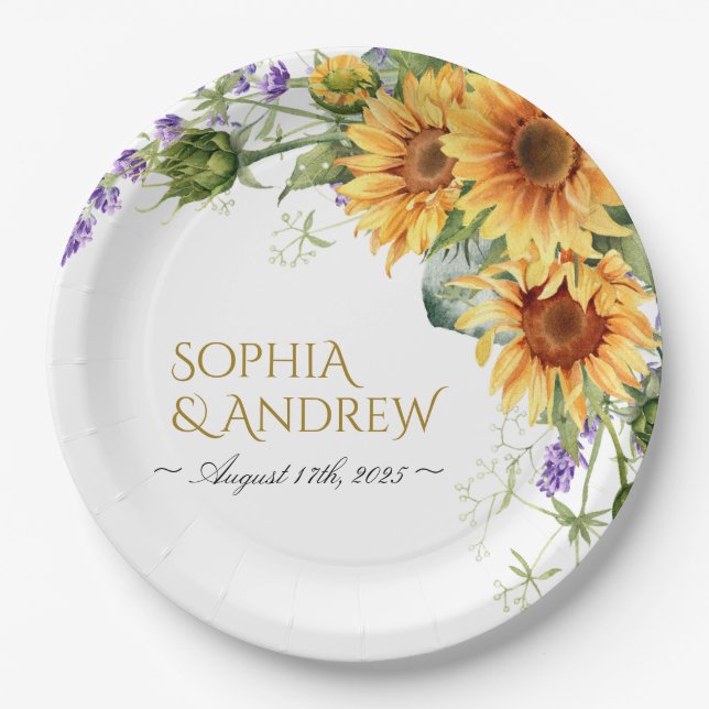 Assiettes En Carton Rustic Sunflowers & Lavender Wedding (Devant)