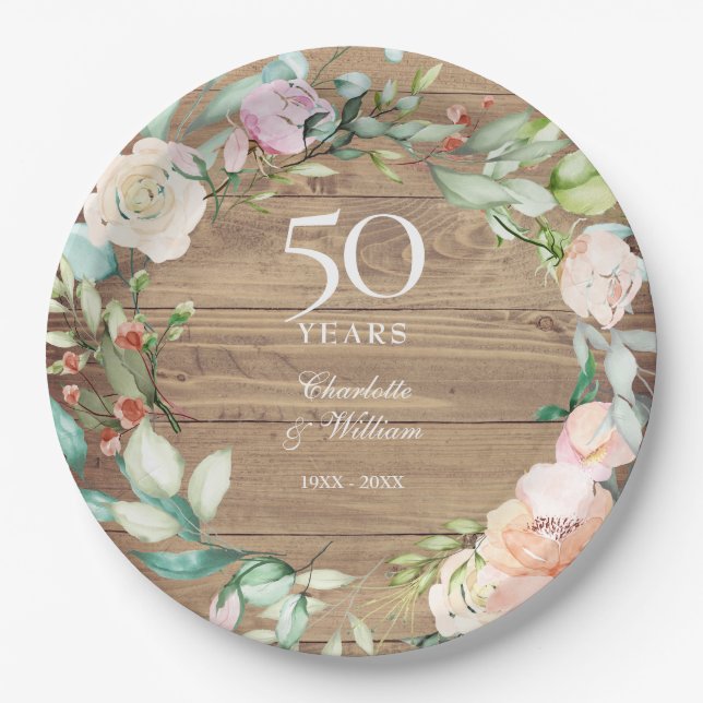 Assiettes En Carton Rustique 50e anniversaire Rose Floral Garland (Devant)