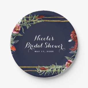 Assiettes En Carton Rustique automnal Marsala Floral Bleu marine Or Ma