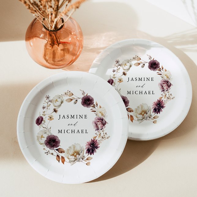 Assiettes En Carton Rustique Automne Marsala Floral Mariage Wreath (Créateur téléchargé)