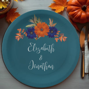 Assiettes En Carton Rustique Automne Orange Navy Bleu Floral Mariage