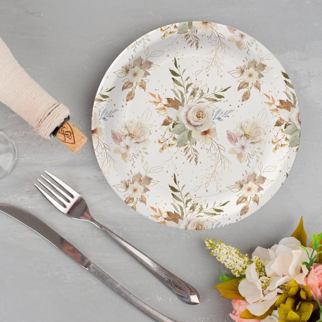 Assiettes En Carton Rustique Automne Rose Aquarelle Botanique (Créateur téléchargé)