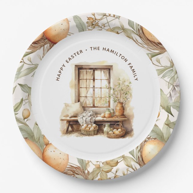 Assiettes En Carton Rustique Beige de Pâques Nom de famille personnali (Devant)