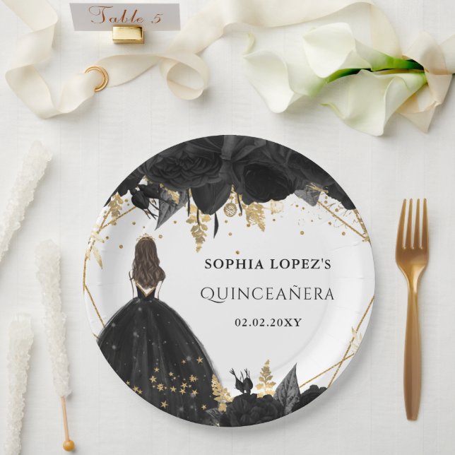 Assiettes En Carton Rustique Black Gold Floral Princesse Quinceanera (Mariage)