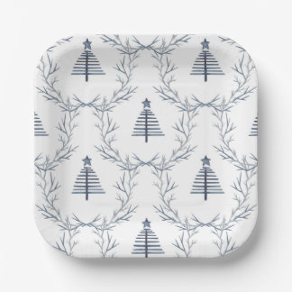 Assiettes En Carton Rustique Bleu Forêt d'hiver Nordic Scandi Noël