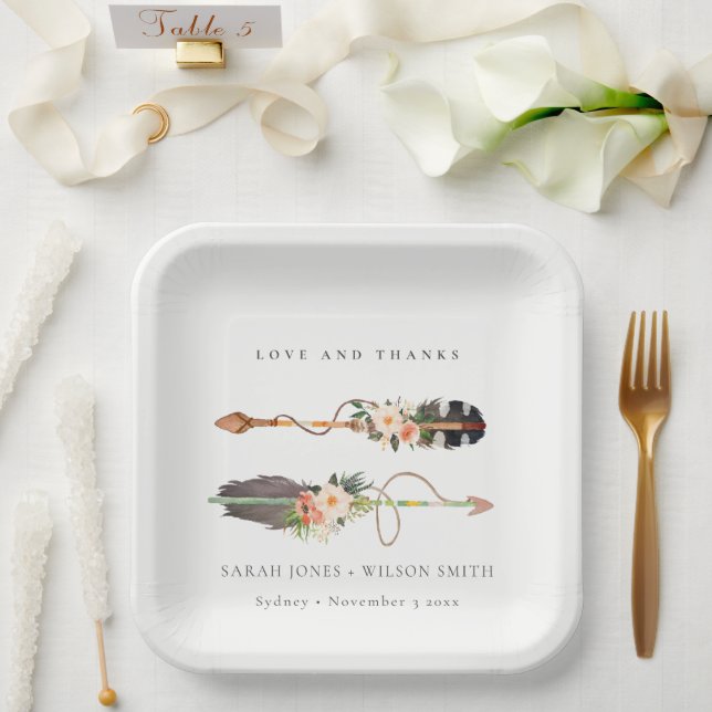 Assiettes En Carton Rustique Boho Feather Floral Flèche Mariage Merci (Mariage)