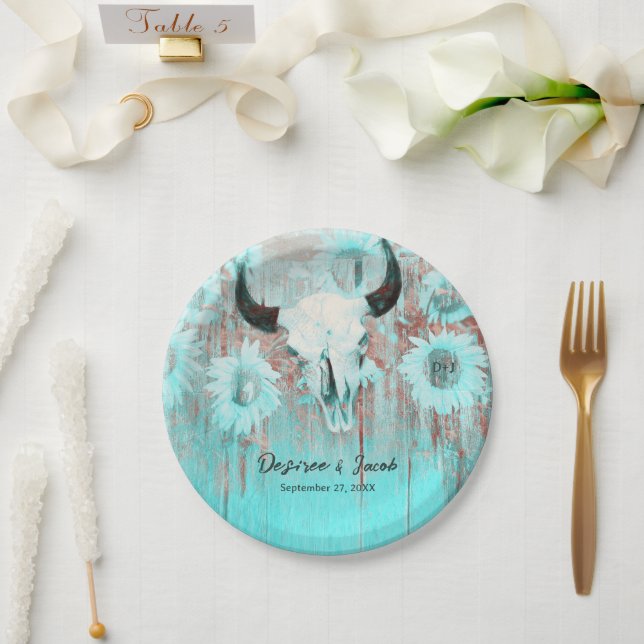 Assiettes En Carton Rustique Boho Turquoise Tournesol Occidental Taure (Mariage)