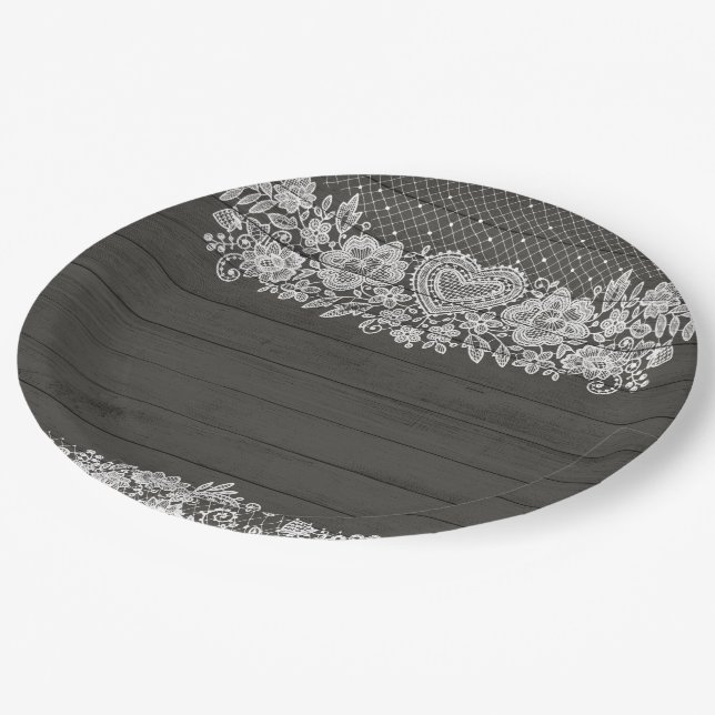 Assiettes En Carton Rustique Bois et dentelle blanche Lacy Farmhouse C (Angle)
