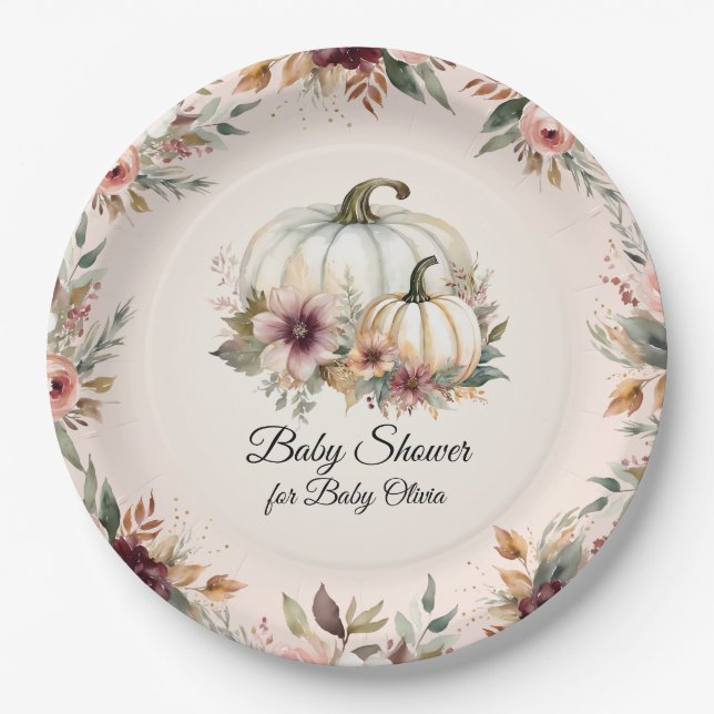 Assiettes En Carton Rustique Bourgogne Automne Floral Citrouille Baby  (Devant)