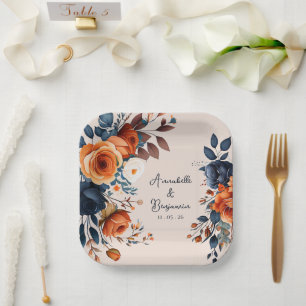 Assiettes En Carton Rustique Burnt Orange et Mariage bleu