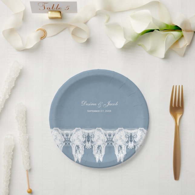 Assiettes En Carton Rustique Dusty bleu blanc crâne de vache Motif Mar (Mariage)