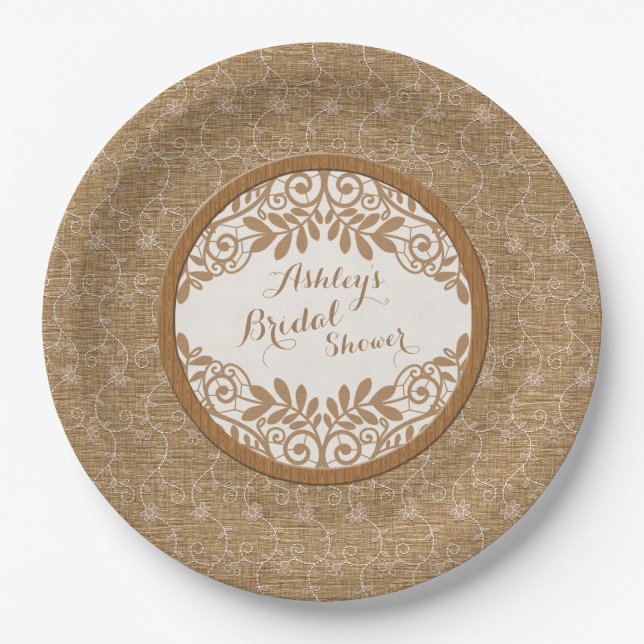 Assiettes En Carton Rustique Faux Burlap Dentelle Mariage Fête des mar (Devant)