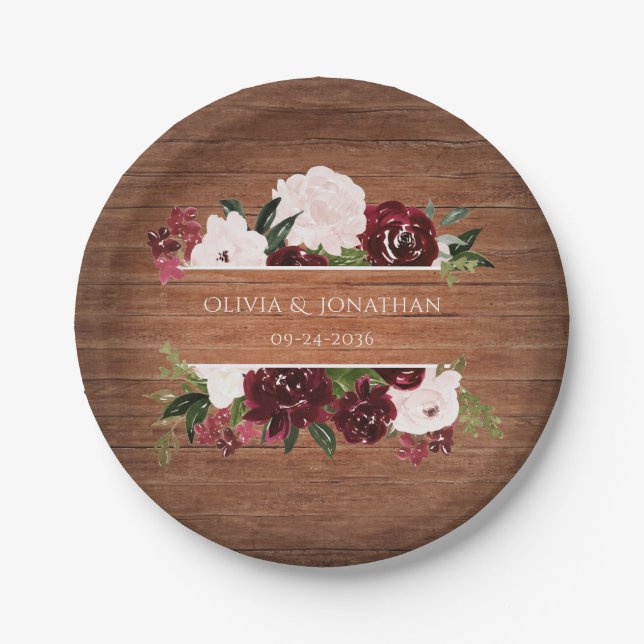 Assiettes En Carton Rustique Floral Bourgogne et Mariage Blush (Devant)