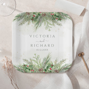 Assiettes En Carton Rustique hiver verdure Berries Pine Cone Mariage