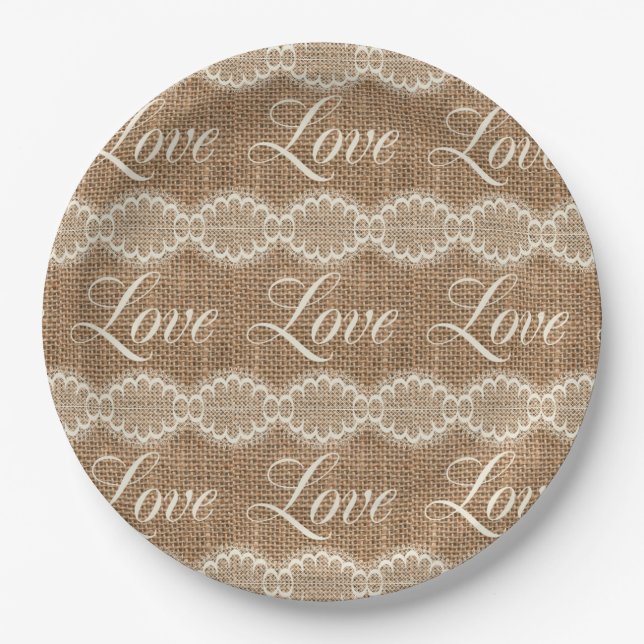 Assiettes En Carton Rustique Mariage Burlap Lace Love (Devant)