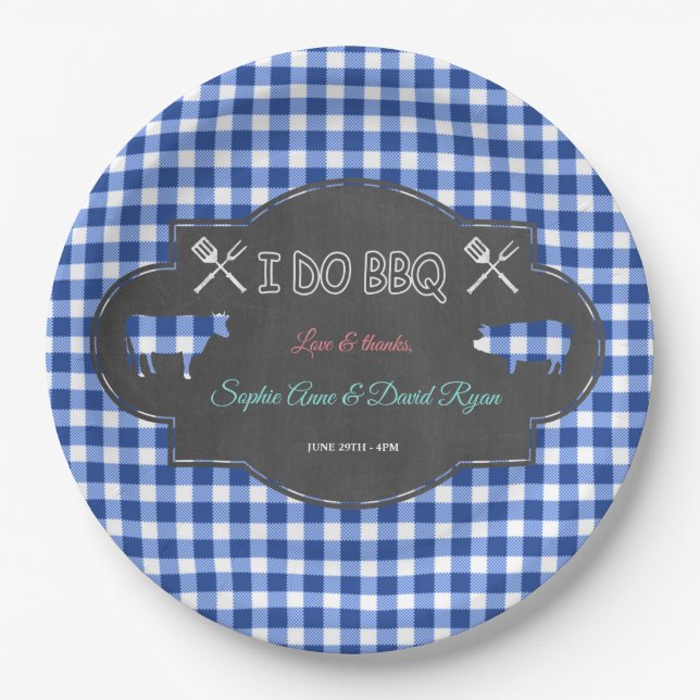 Assiettes En Carton Rustique Pays Bleu En vichy Chalk I DO BBQ (Devant)