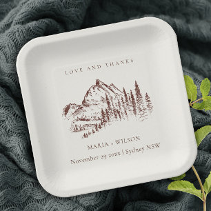 Assiettes En Carton Rustique Pine rouille Woods Mountain Sketch Mariag