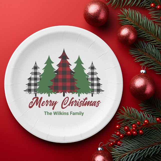 Assiettes En Carton Rustique Red Plaid Joyeux Noël Arbres (Créateur téléchargé)