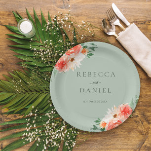 Assiettes En Carton Rustique Sage Green et Orange Fleur sauvage Mariag