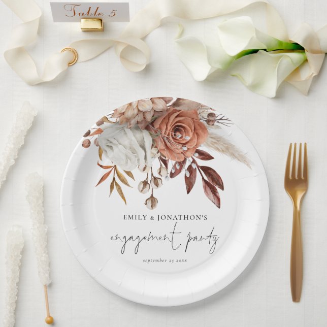 Assiettes En Carton Rustique Terracotta Florales Script (Mariage)