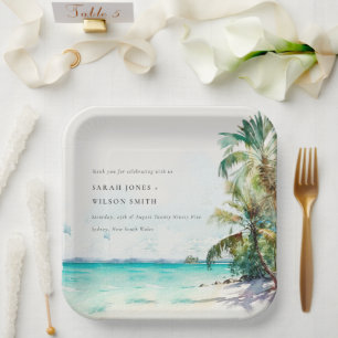 Assiettes En Carton Sable Tropical Beach Aquarelle Palm Trees Mariage