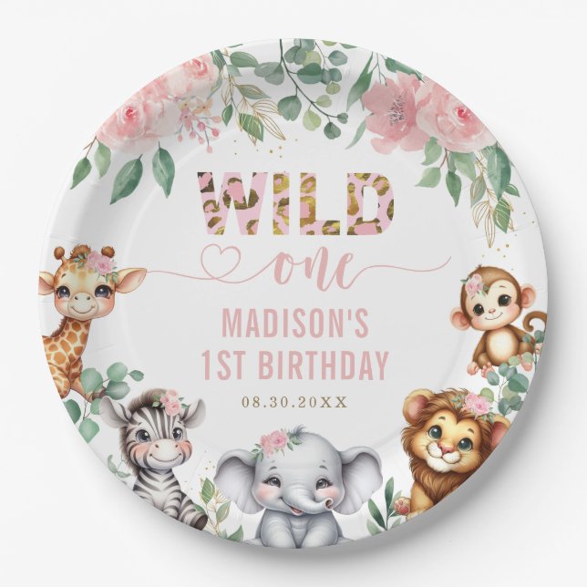 Assiettes En Carton Safari Animal Wild One Blush Floral 1er Anniversai (Devant)