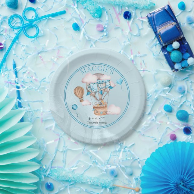 Assiettes En Carton Safari Animaux Ballons Baby shower Garçon bleu (Fête)