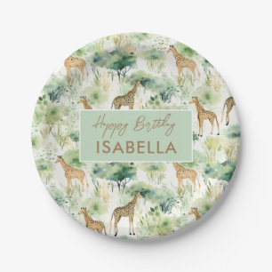 Assiettes En Carton Safari Animaux - Giraffes Aquarelle Vert Beige