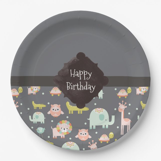 Assiettes En Carton Safari Animaux Motif Nursery Art Joyeux anniversai (Devant)