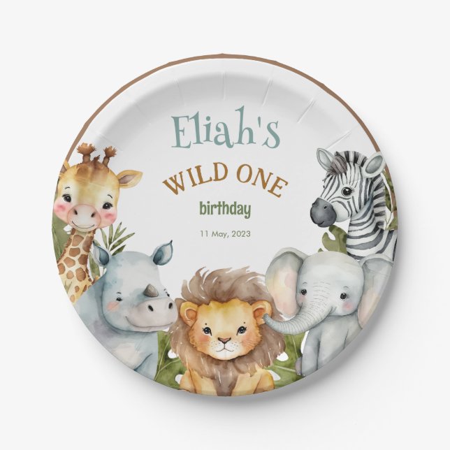 Assiettes En Carton Safari Animaux sauvages Un 1er anniversaire (Devant)