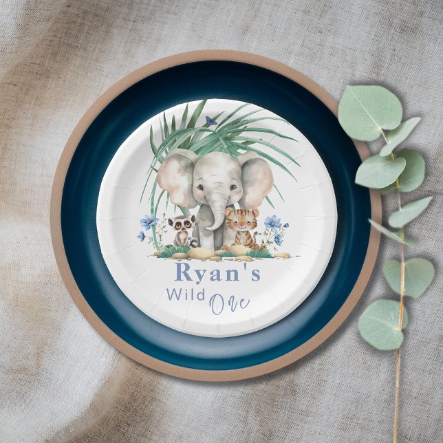 Assiettes En Carton Safari Jungle Eléphant Fleurs Bleues Anniversaire (Safari Jungle Wild One Party Animals Personalizable Birthday Paper Plate)
