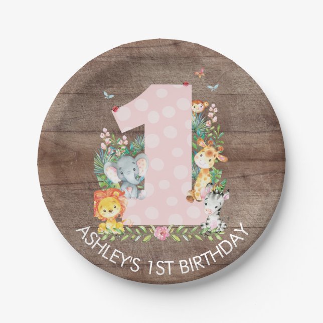 Assiettes En Carton Safari Jungle Girls 1er anniversaire 7" Plaque (Devant)