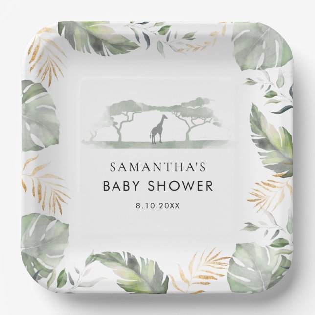 Assiettes En Carton Safari Palm Feuille Baby shower de girafe (Recto)