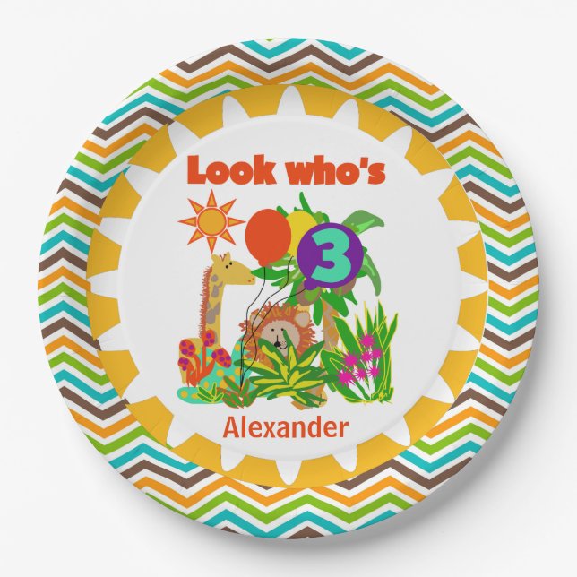 Assiettes En Carton Safari personnalisé 3e Plaques papier d'anniversai (Devant)