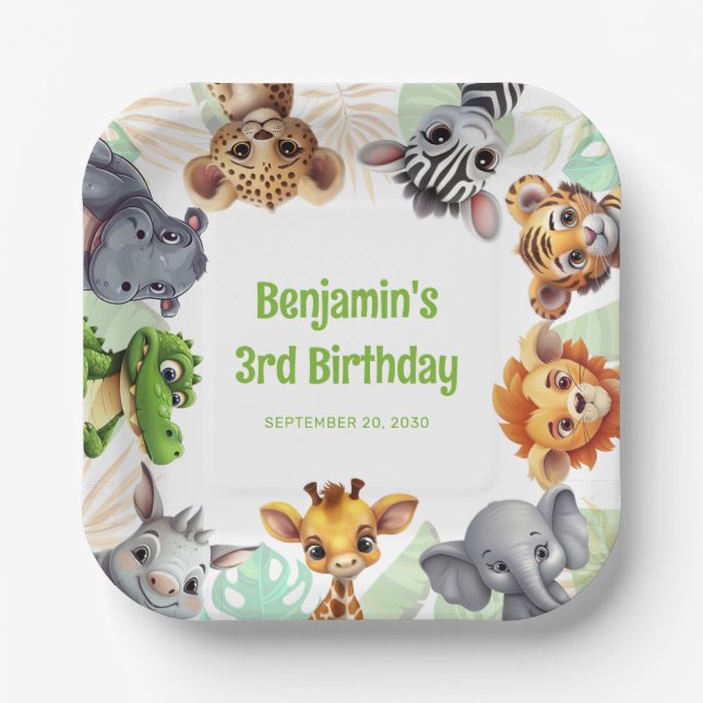 Assiettes En Carton Safari Thème Jungle Animal fête d'anniversaire (Recto)
