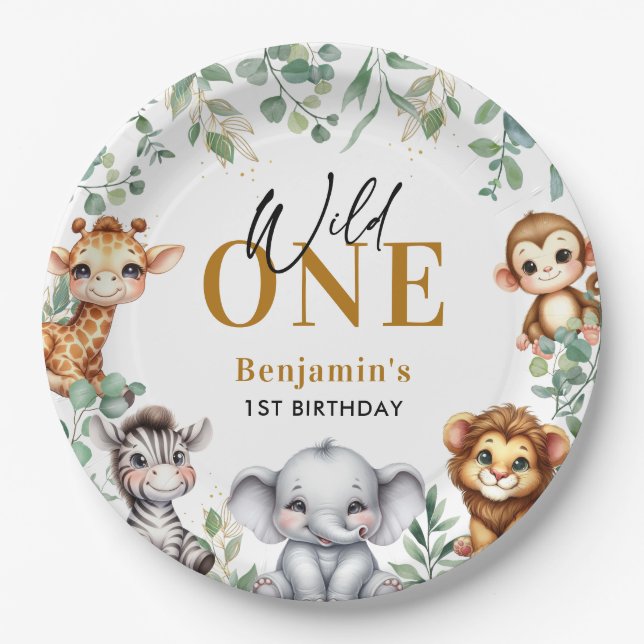 Assiettes En Carton Safari Wild One | Jungle Animaux 1er Anniversaire (Devant)