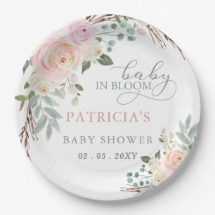 Assiettes En Carton Sage Baby en Fleur Rose Floral Baby shower fille