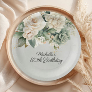 Assiettes En Carton Sage Blanc Floral Vert Or 80e Anniversaire