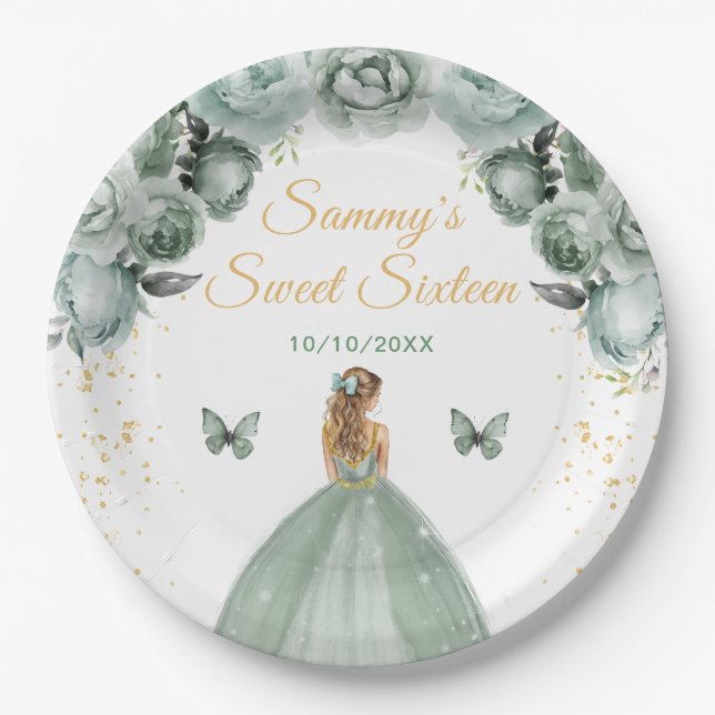 Assiettes En Carton Sage Green Blonde cheveux Princesse Sweet sixteen (Devant)