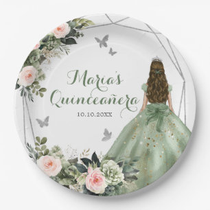 Assiettes En Carton Sage Green Blush rose Floral Princesse XV Años